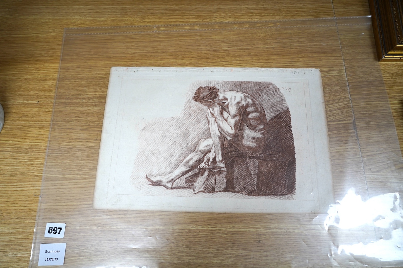 Gabriel Smith?, sepia engraving, Study of a nude man, 21 x 32cm, unframed. Condition - fair to good, some wear to edges